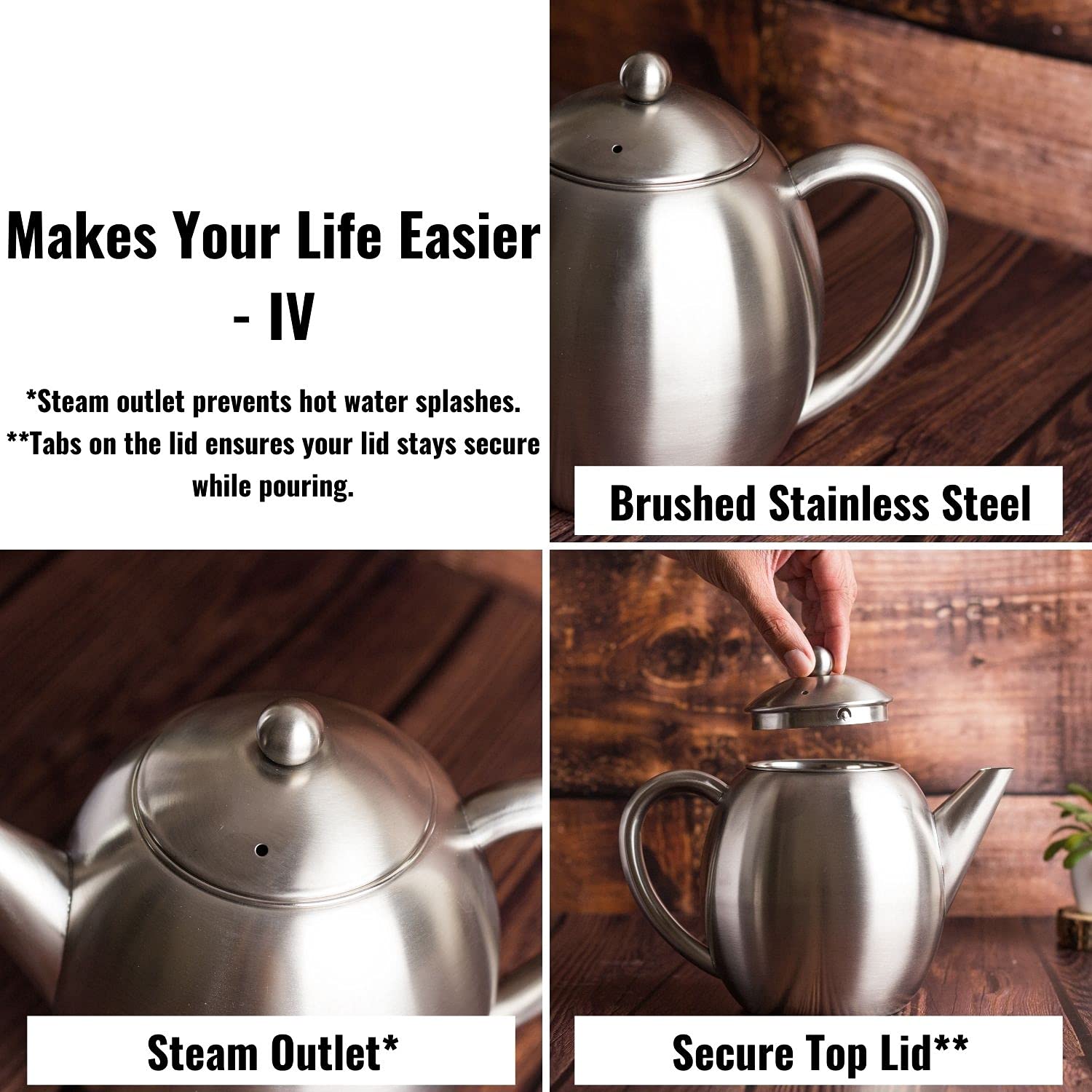 InstaCuppa Stainless Steel Tea Pot with Removable Tea Infuser, Easy to Pour Spout, Cool Touch Handle, Attractive Design, Unbreakable Build, 1.2 Litre