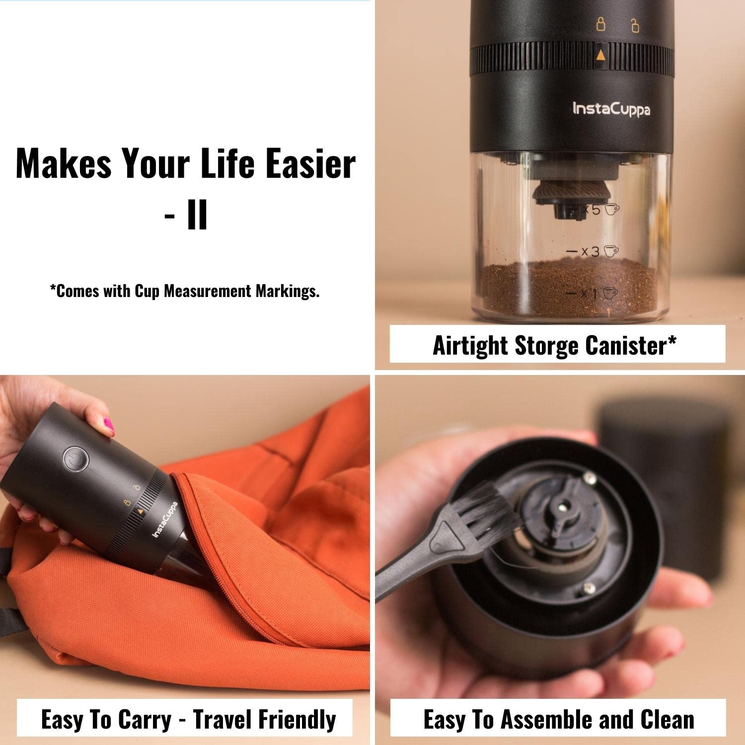 InstaCuppa Rechargeable Coffee Grinder with Conical Ceramic Burr Mill, Adjustable Grind Settings, Simple One-click ON/OFF Operation, Easy To Carry