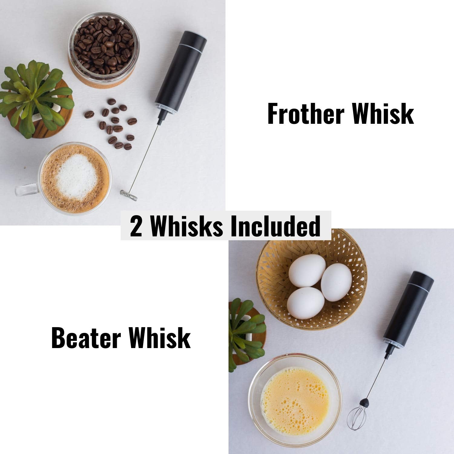 InstaCuppa Rechargeable Travel Milk Frother with 2 Unique Whisks, 2 Speed Settings, Includes USB Charging Cable, Stainless Steel Travel Casing
