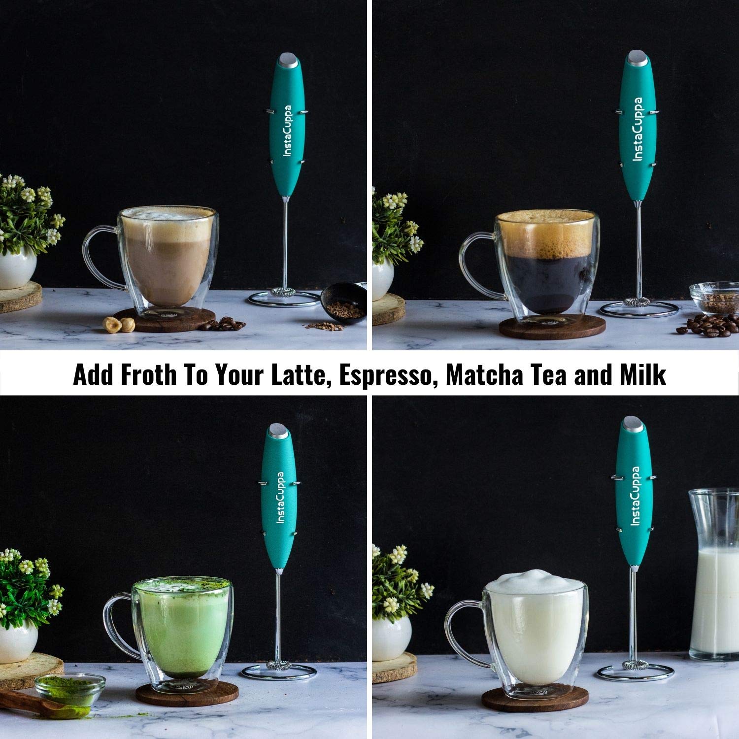 InstaCuppa Milk Frother for Coffee - Handheld Battery Operated Electric Milk and Coffee Frother, Portable Foam Maker with Stainless Steel Stand