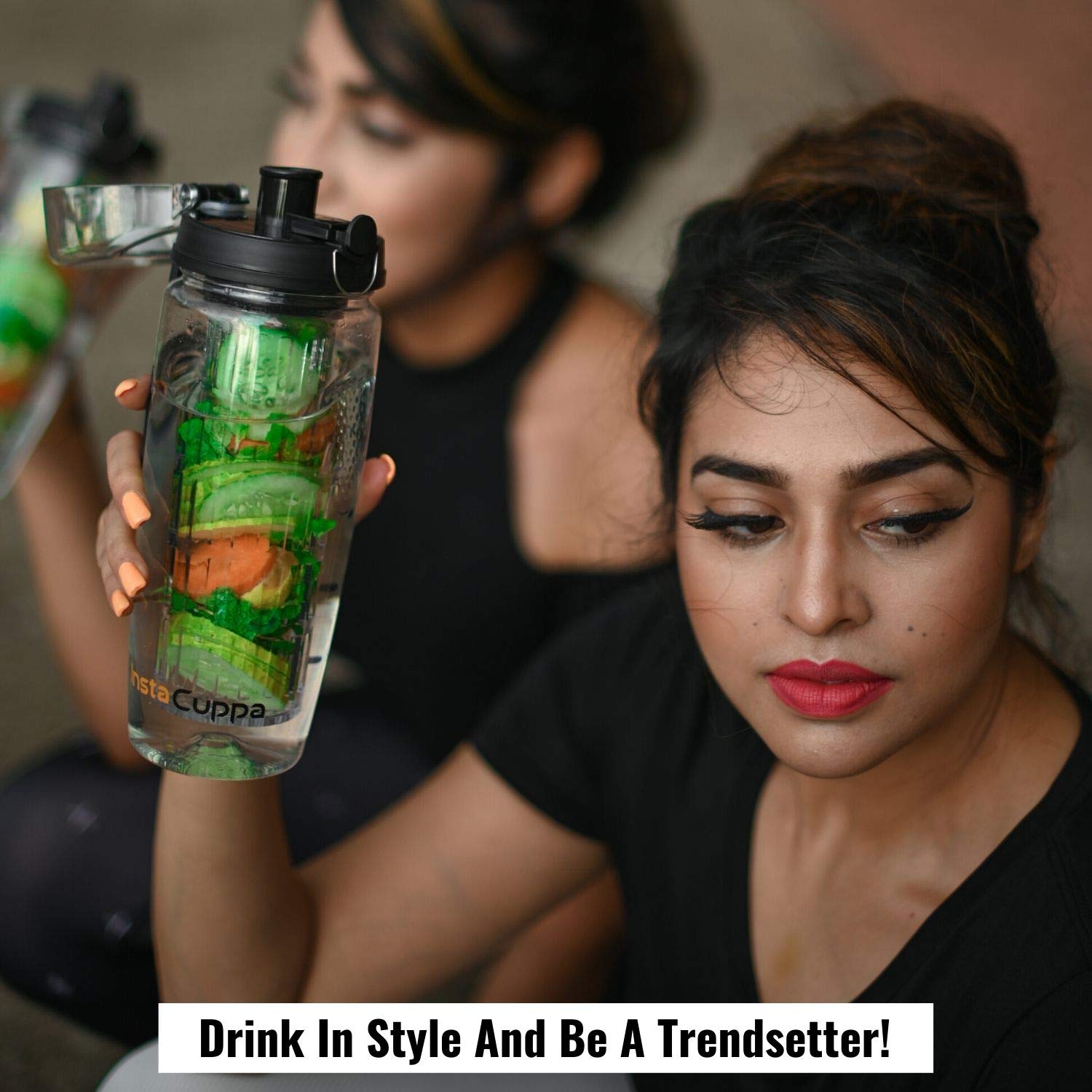 InstaCuppa Tritan Fruit Infuser Water Bottle with Polar Ice Ball Infuser, Flip Top Sipper Lid, Neoprene Sleeve, Detox Recipes eBook