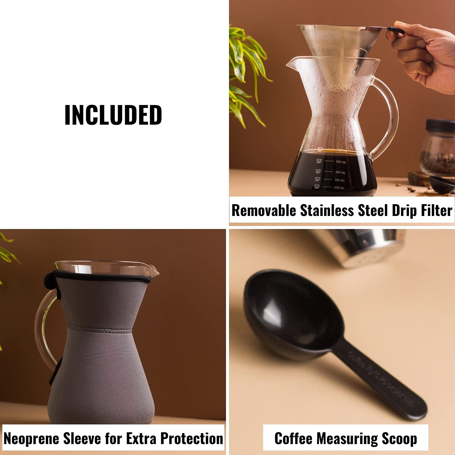 Pour Over Coffee Maker 800ML Reusable Stainless Steel Filter Real Wood  Sleeve