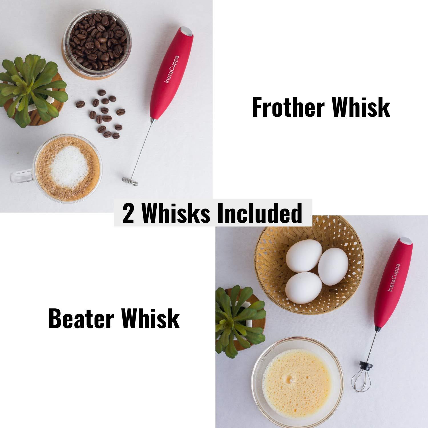 InstaCuppa Milk Frother for Coffee - Handheld Battery Operated Electric Milk and Coffee Frother, Portable Foam Maker with Stainless Steel Stand