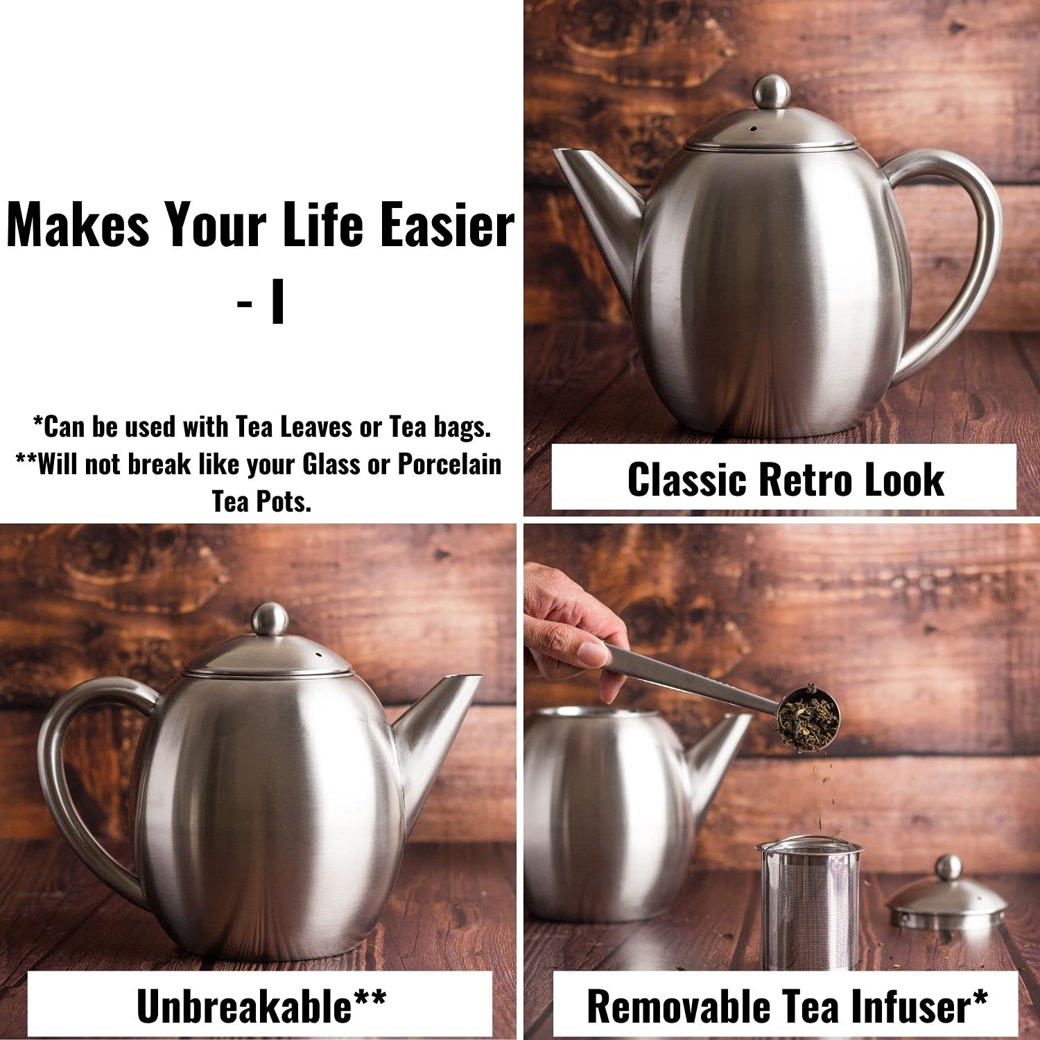 InstaCuppa Stainless Steel Tea Pot with Removable Tea Infuser, Easy to Pour Spout, Cool Touch Handle, Attractive Design, Unbreakable Build, 1.2 Litre