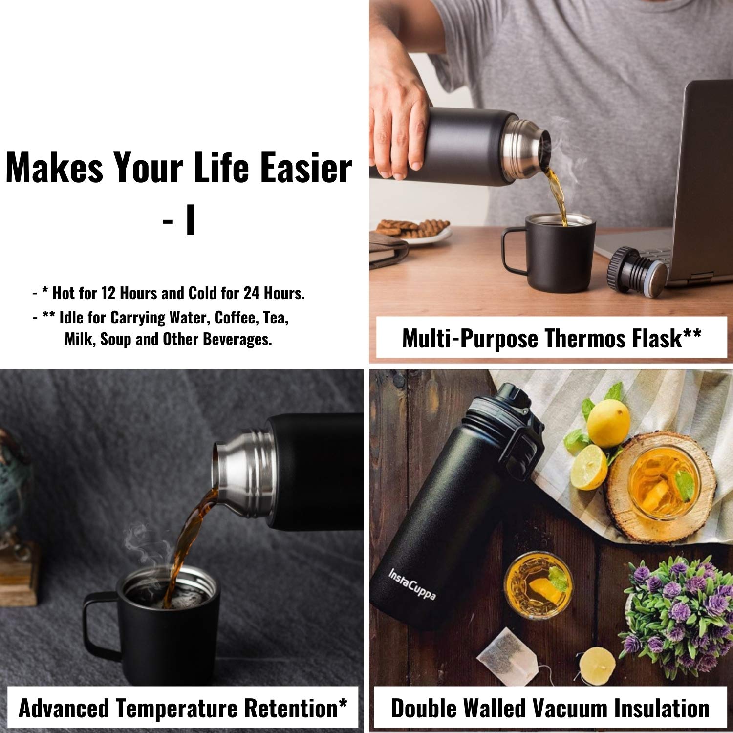 InstaCuppa Stainless Steel Thermos Green Tea Infuser Bottle with Clever 2 in 1 Infusion Unit,