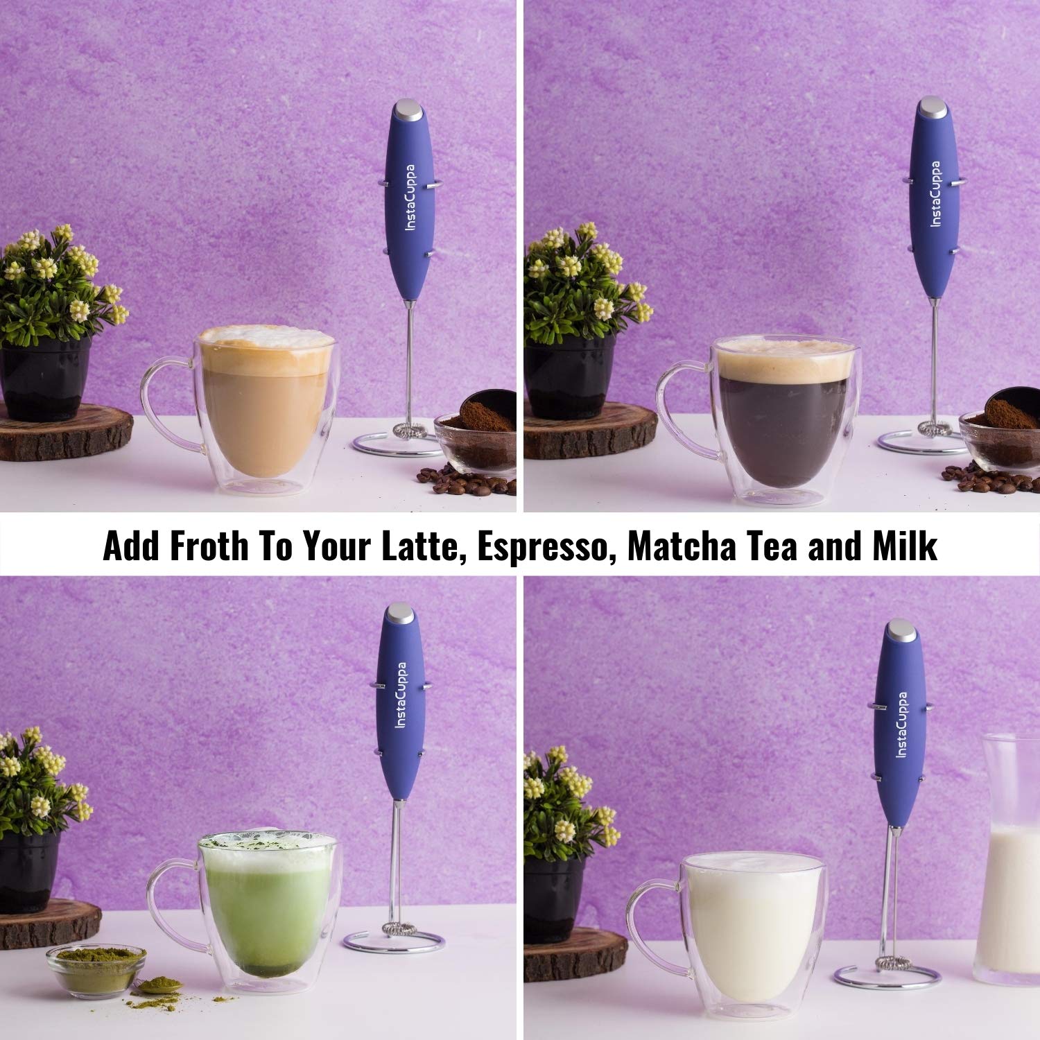 InstaCuppa Milk Frother for Coffee - Handheld Battery Operated Electric Milk and Coffee Frother, Portable Foam Maker with Stainless Steel Stand