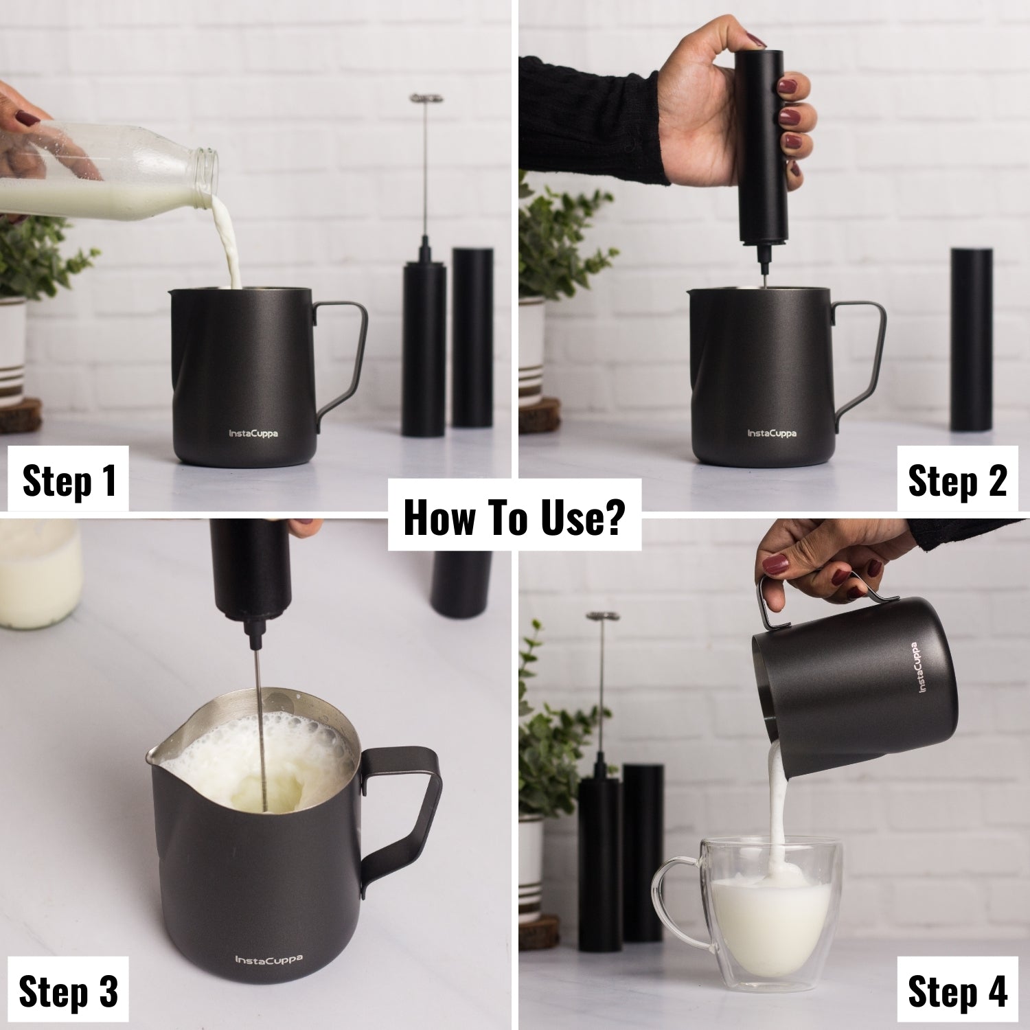 InstaCuppa Stainless Steel Milk Frothing Pitcher with Measurement Markings, Easy to Pour V-Spout, Idle for Latte Art