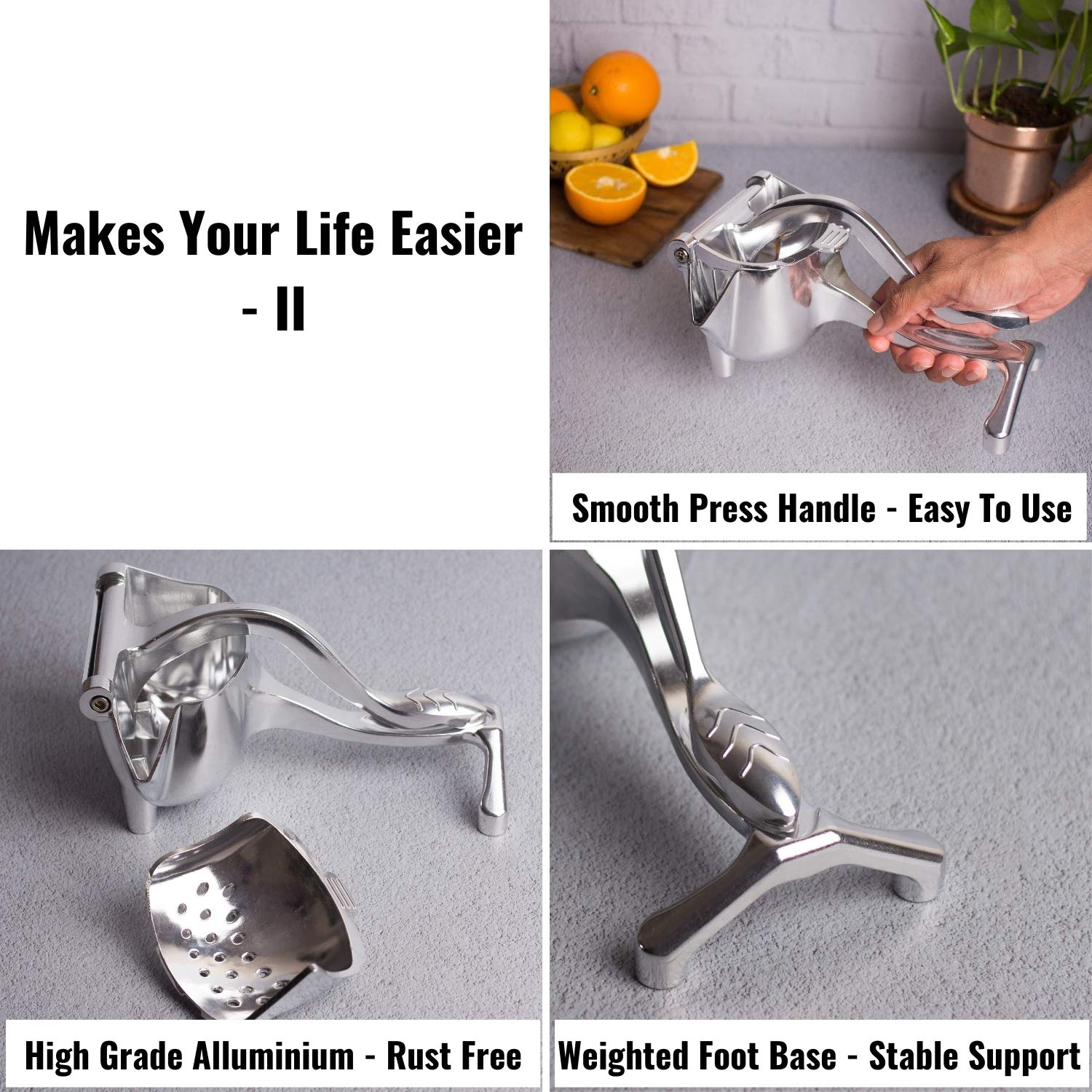 InstaCuppa Manual Press Hand Fruit Juicer with Removable Strainer, Heavy Duty Aluminium Build, Hand Fruits Squeezer for Pomegranates, Lemons, Oranges