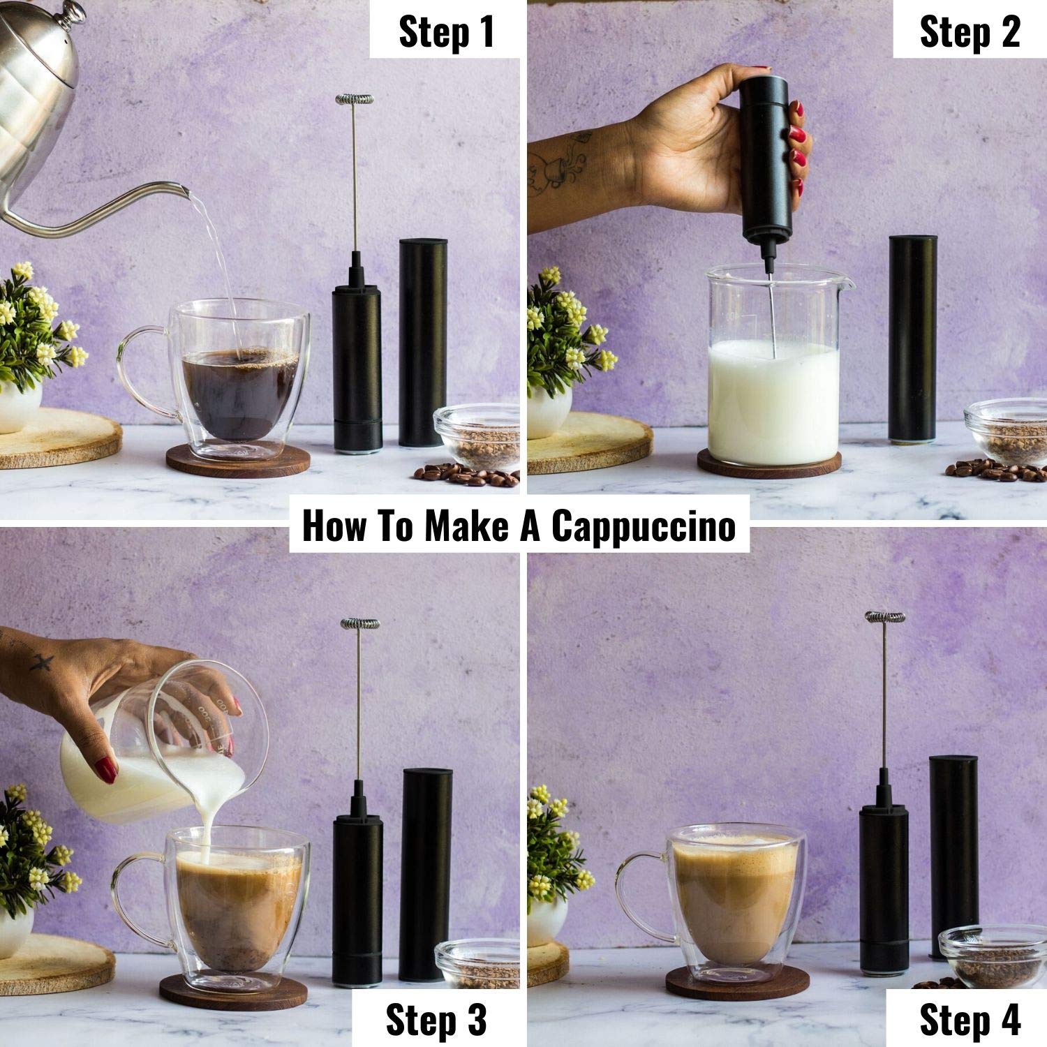 InstaCuppa Travel Milk Frother with 2 Whisks Handheld Battery Operated Electric Whisker, Foam Maker, Coffee Beater with Stainless Steel Travel Casing