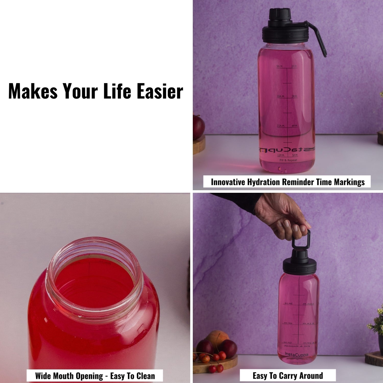 InstaCuppa Borosilicate Glass Water Bottle with Wide Mouth Sports Sipper Lid