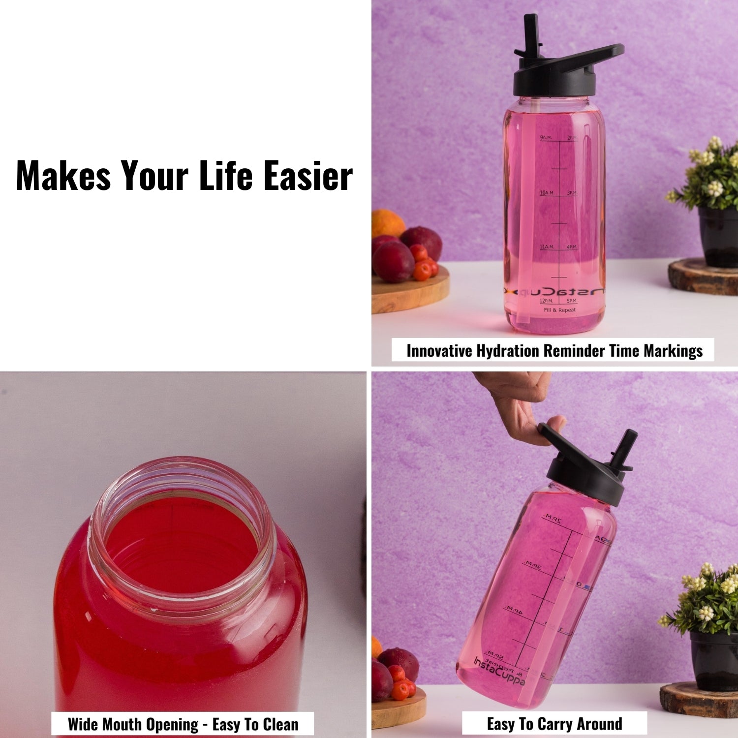 InstaCuppa BPA Free Glass Detox Water Bottle 1000 ML,