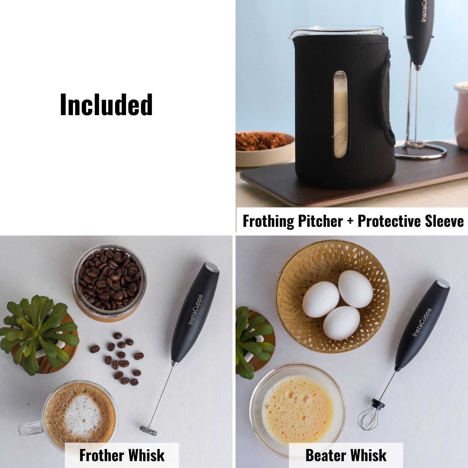 InstaCuppa Milk Frother with 2 Whisks and Borosilicate Glass Frothing Pitcher 600 ML Combo