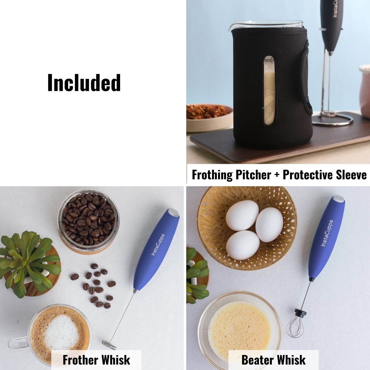 InstaCuppa Milk Frother with 2 Whisks and Borosilicate Glass Frothing Pitcher 600 ML Combo