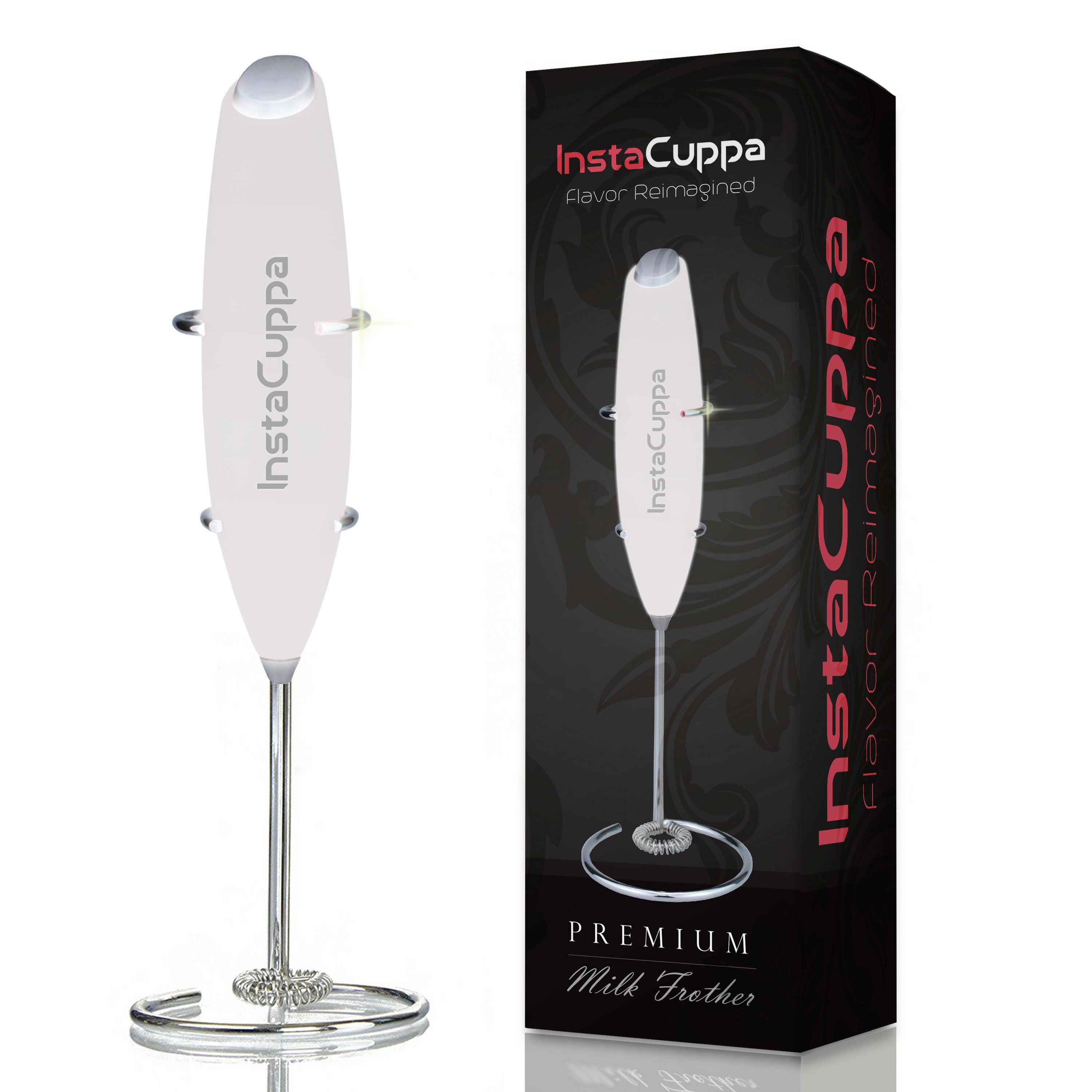 InstaCuppa Premium Handheld Milk Frother with Stand - Battery Operated Coffee Beater, White Color