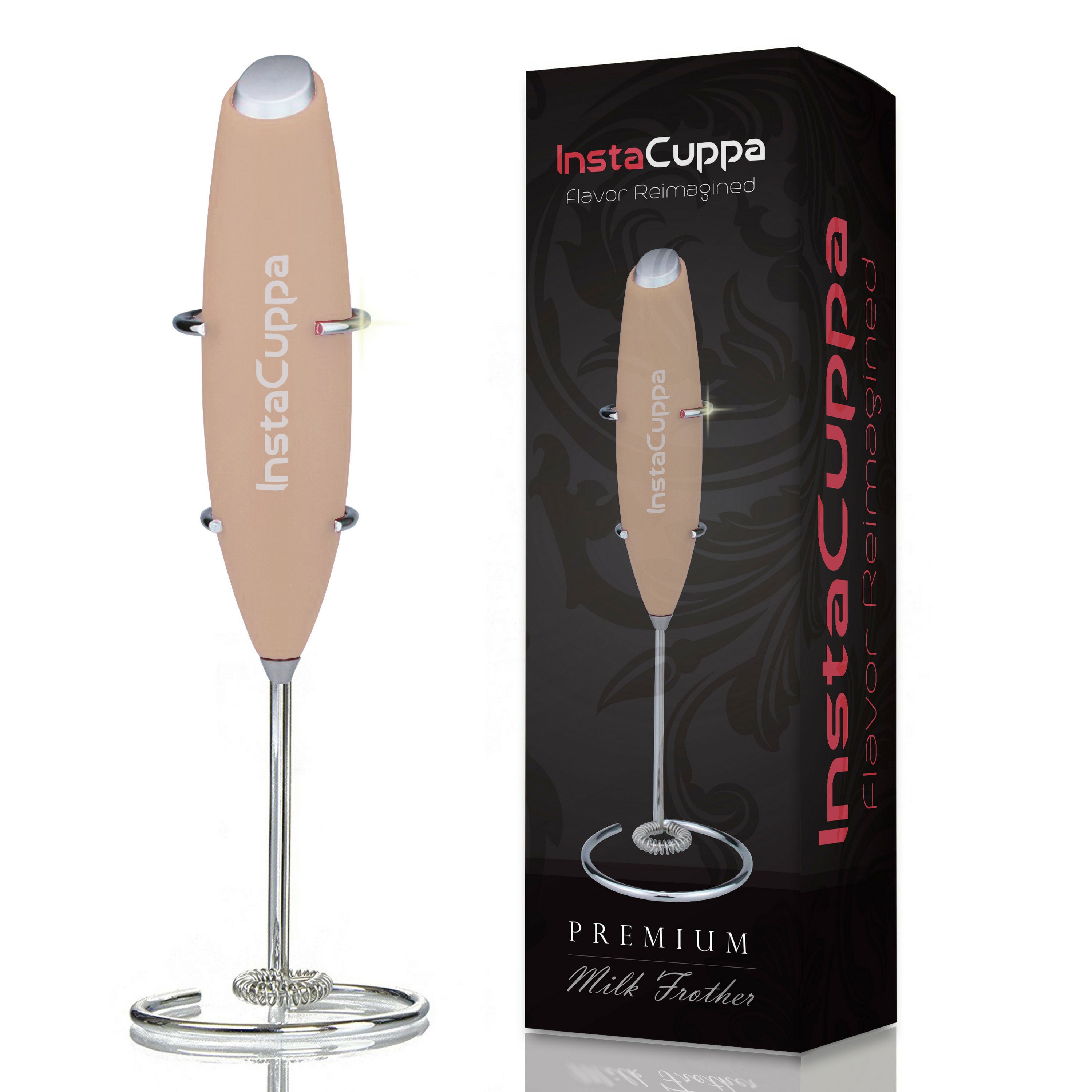 InstaCuppa Premium Handheld Milk Frother with Stand - Battery Operated Coffee Beater, Rose Gold Color