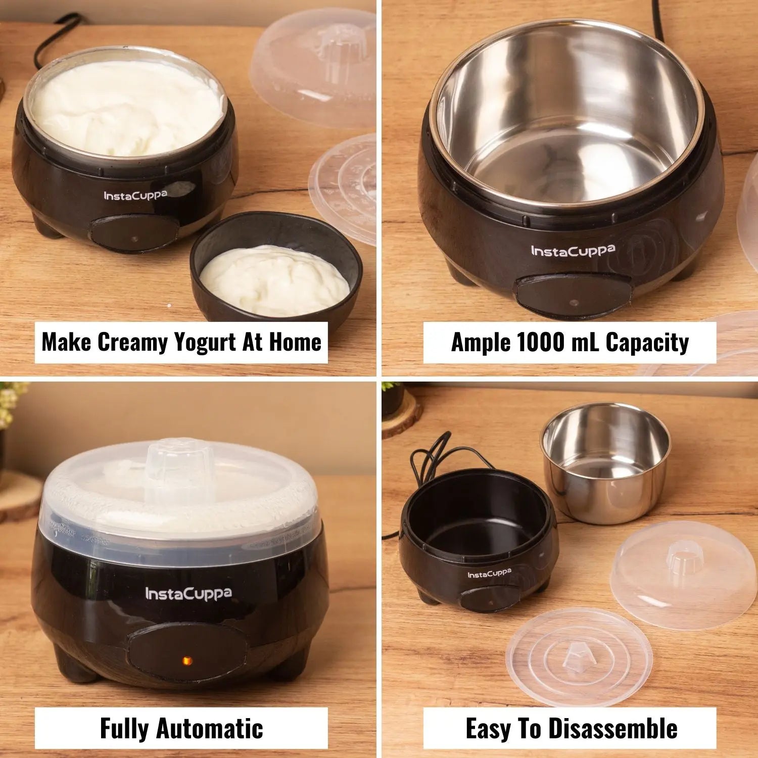 InstaCuppa Automatic Probiotic-Rich Yogurt Maker with Auto Temperature Regulation, Premium 304 Stainless Steel Inner Container, 1 Liter 