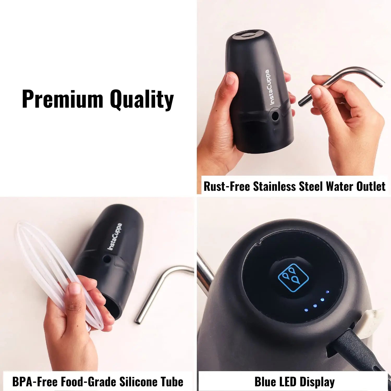 InstaCuppa Automatic Water Dispenser for 20 Liter Cans with Child Lock Feature, USB Rechargeable, Steel Water Outlet, LED Display 