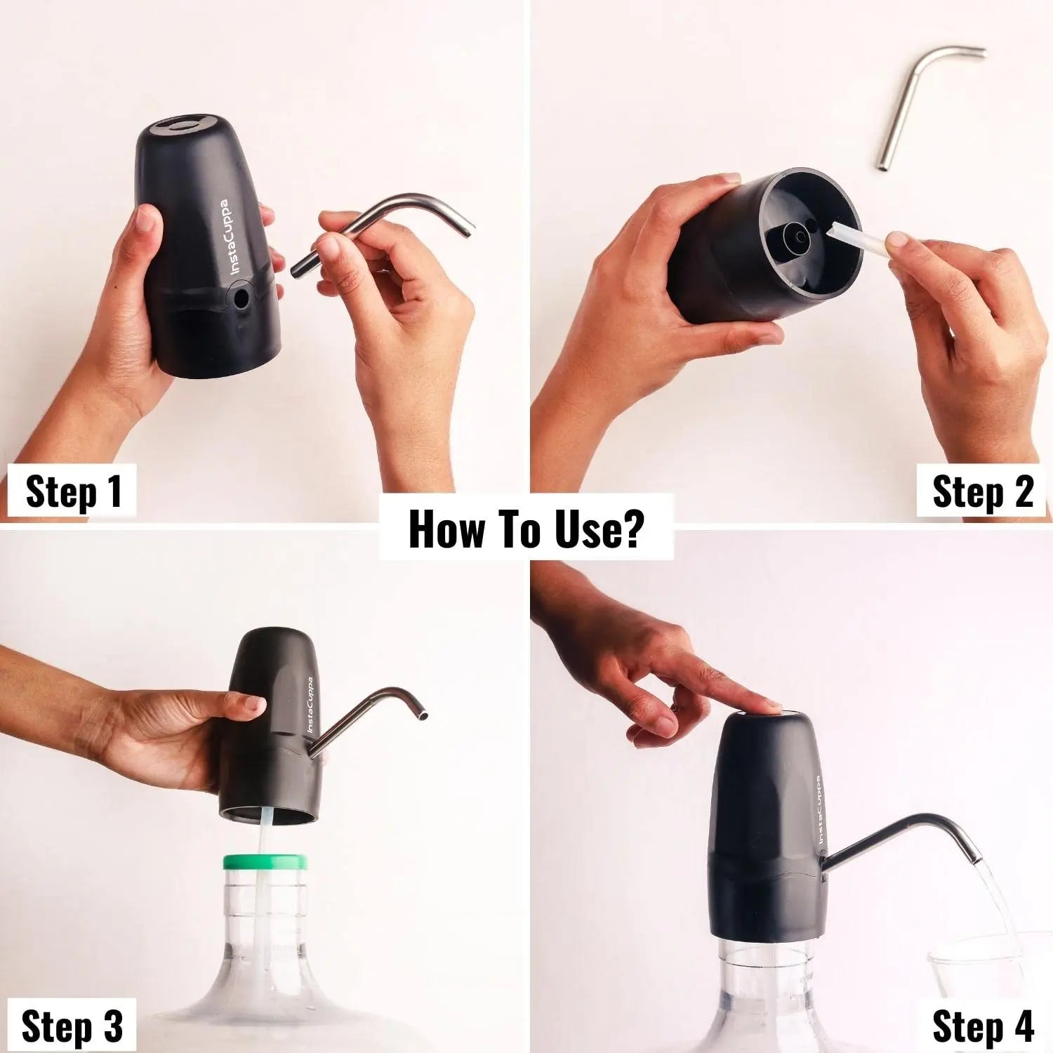 InstaCuppa Automatic Water Dispenser for 20 Liter Cans with Child Lock Feature, USB Rechargeable, Steel Water Outlet, LED Display 