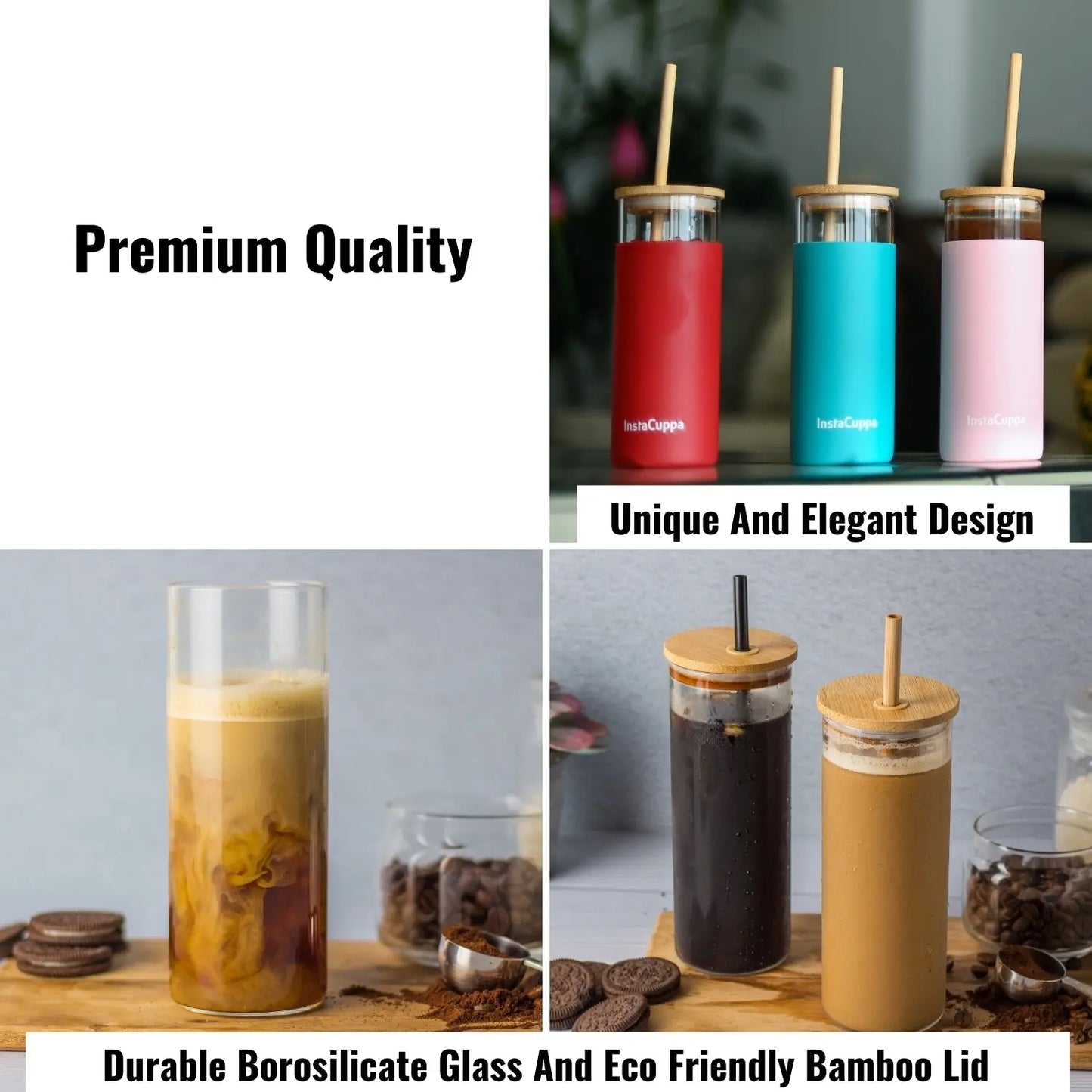 InstaCuppa Borosilicate Glass Tumbler with 2 Unique Straws and Bamboo Lid, Removable Silicone Protective Sleeve 