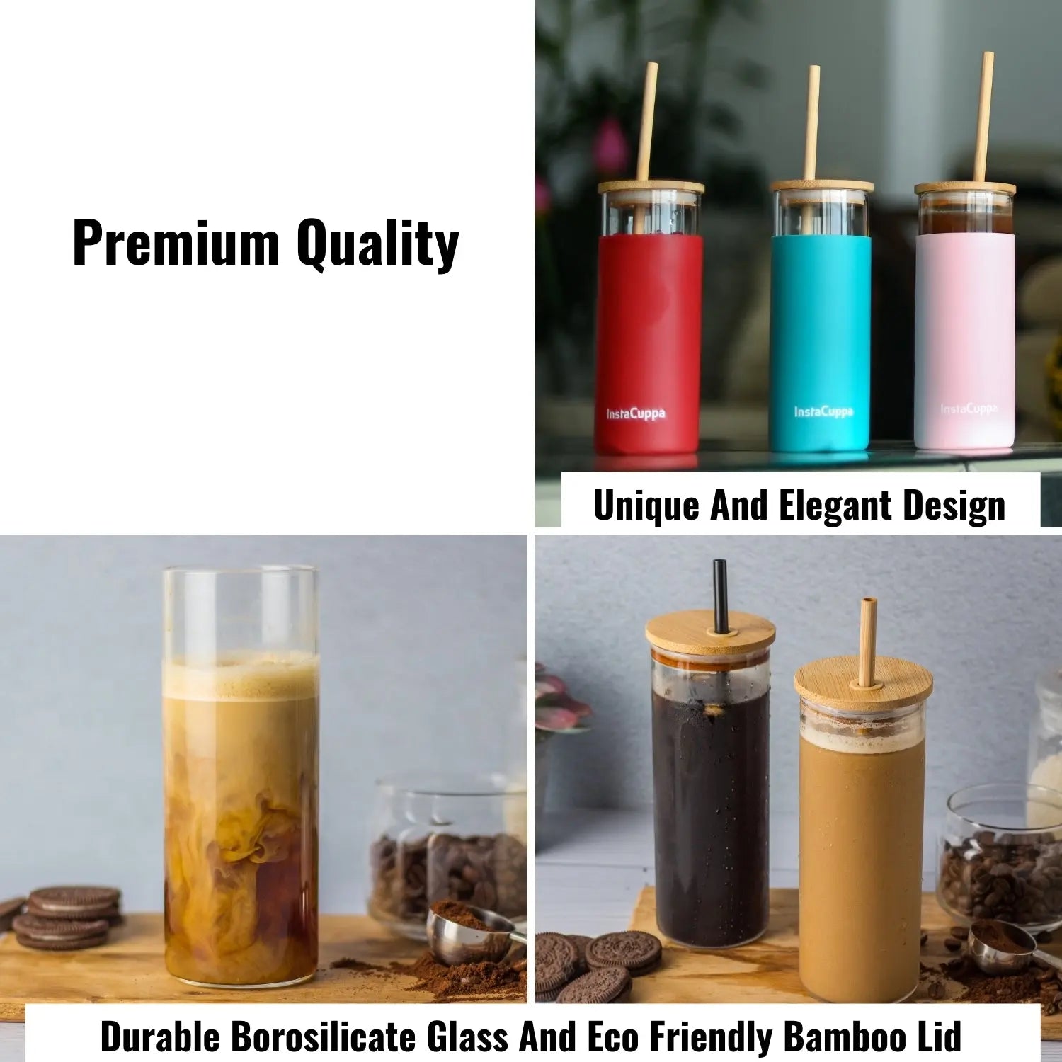 InstaCuppa Borosilicate Glass Tumbler with 2 Unique Straws and Bamboo Lid, Removable Silicone Protective Sleeve 