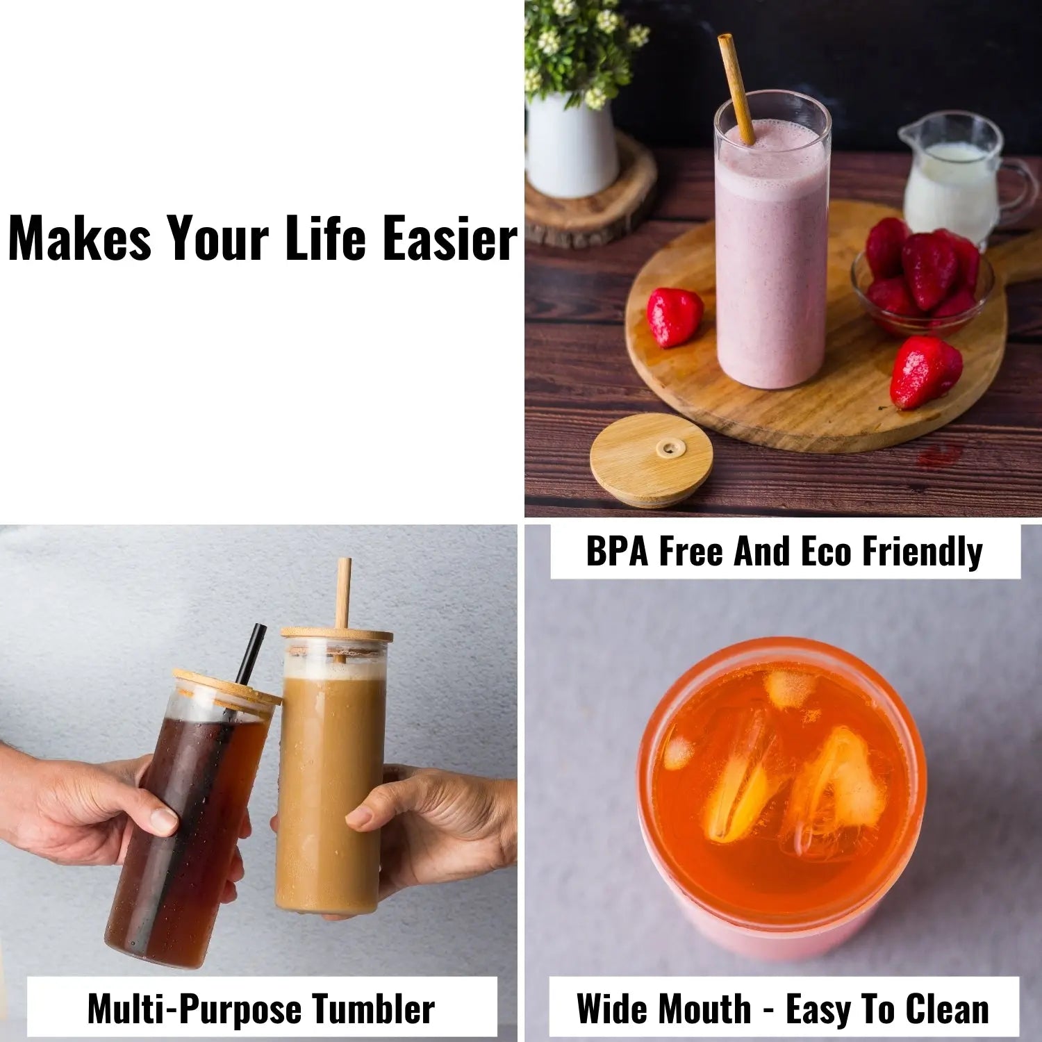 InstaCuppa Borosilicate Glass Tumbler with 2 Unique Straws and Bamboo Lid, Removable Silicone Protective Sleeve 