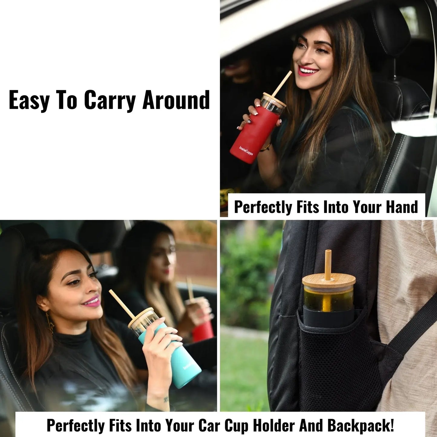 InstaCuppa Borosilicate Glass Tumbler with 2 Unique Straws and Bamboo Lid, Removable Silicone Protective Sleeve 