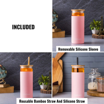 InstaCuppa Borosilicate Glass Tumbler with 2 Unique Straws and Bamboo Lid, Removable Silicone Protective Sleeve 