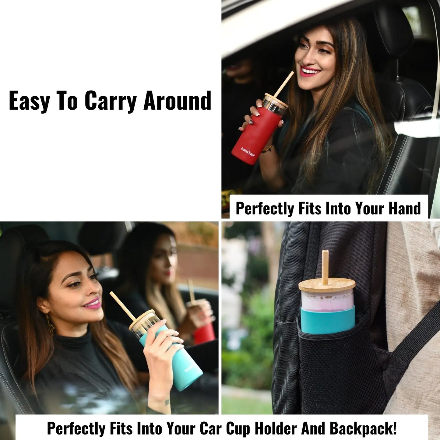 InstaCuppa Borosilicate Glass Tumbler with 2 Unique Straws and Bamboo Lid, Removable Silicone Protective Sleeve 