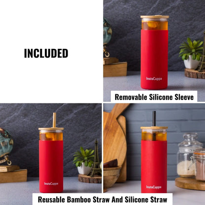 InstaCuppa Borosilicate Glass Tumbler with 2 Unique Straws and Bamboo Lid, Removable Silicone Protective Sleeve 