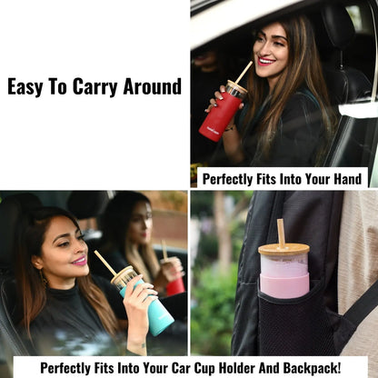 InstaCuppa Borosilicate Glass Tumbler with 2 Unique Straws and Bamboo Lid, Removable Silicone Protective Sleeve 