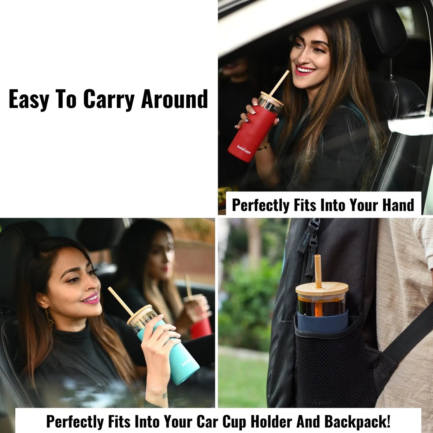 InstaCuppa Borosilicate Glass Tumbler with 2 Unique Straws and Bamboo Lid, Removable Silicone Protective Sleeve 