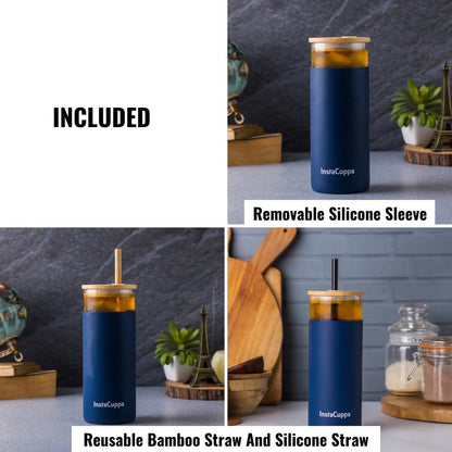 InstaCuppa Borosilicate Glass Tumbler with 2 Unique Straws and Bamboo Lid, Removable Silicone Protective Sleeve 