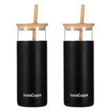 InstaCuppa Borosilicate Glass Tumbler with 2 Unique Straws and Bamboo Lid, Removable Silicone Protective Sleeve