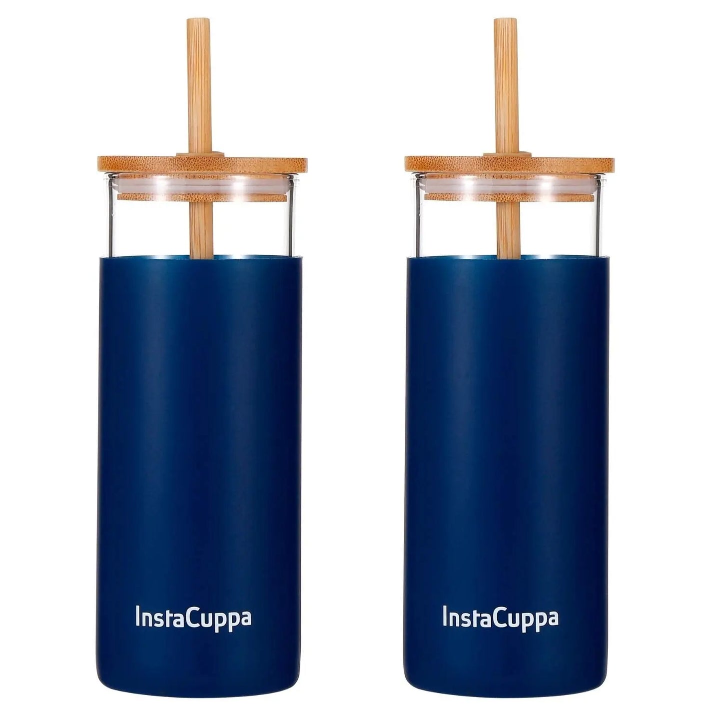 InstaCuppa InstaCuppa Borosilicate Glass Tumbler with 2 Unique Straws - Navy Blue / 450 ML (Pack of 1)