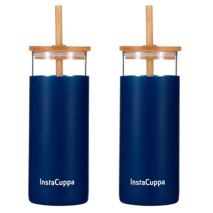 InstaCuppa InstaCuppa Borosilicate Glass Tumbler with 2 Unique Straws - Navy Blue / 450 ML (Pack of 1)