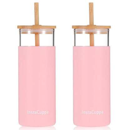InstaCuppa InstaCuppa Borosilicate Glass Tumbler with 2 Unique Straws - Pink / 450 ML (Pack of 1)