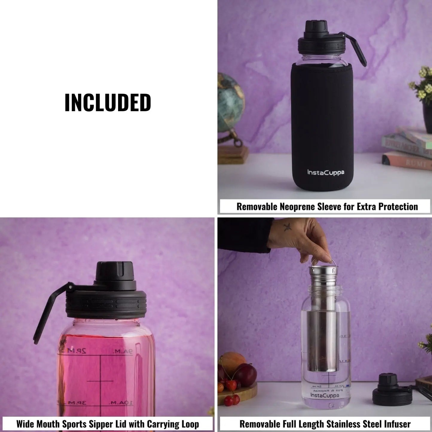 InstaCuppa Glass Sports Water Bottle