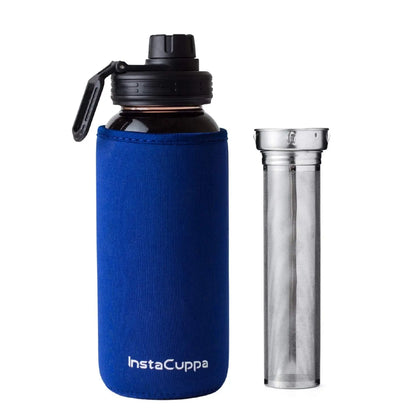 InstaCuppa Borosilicate Glass Water Bottle with Full Length Steel Infuser, Sports Sipper Lid, Time Markings, Neoprene Sleeve  650 ML / Blue