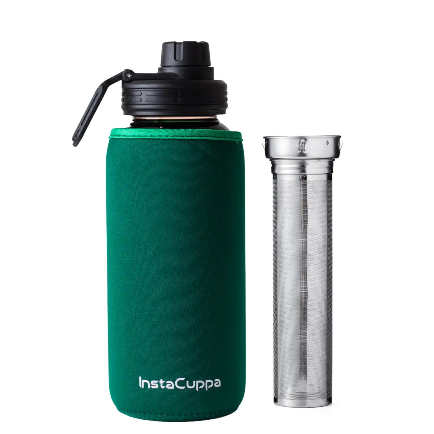 InstaCuppa Borosilicate Glass Water Bottle with Full Length Steel Infuser, Sports Sipper Lid, Time Markings, Neoprene Sleeve  650 ML / Green