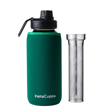 InstaCuppa Borosilicate Glass Water Bottle with Full Length Steel Infuser, Sports Sipper Lid, Time Markings, Neoprene Sleeve  650 ML / Green