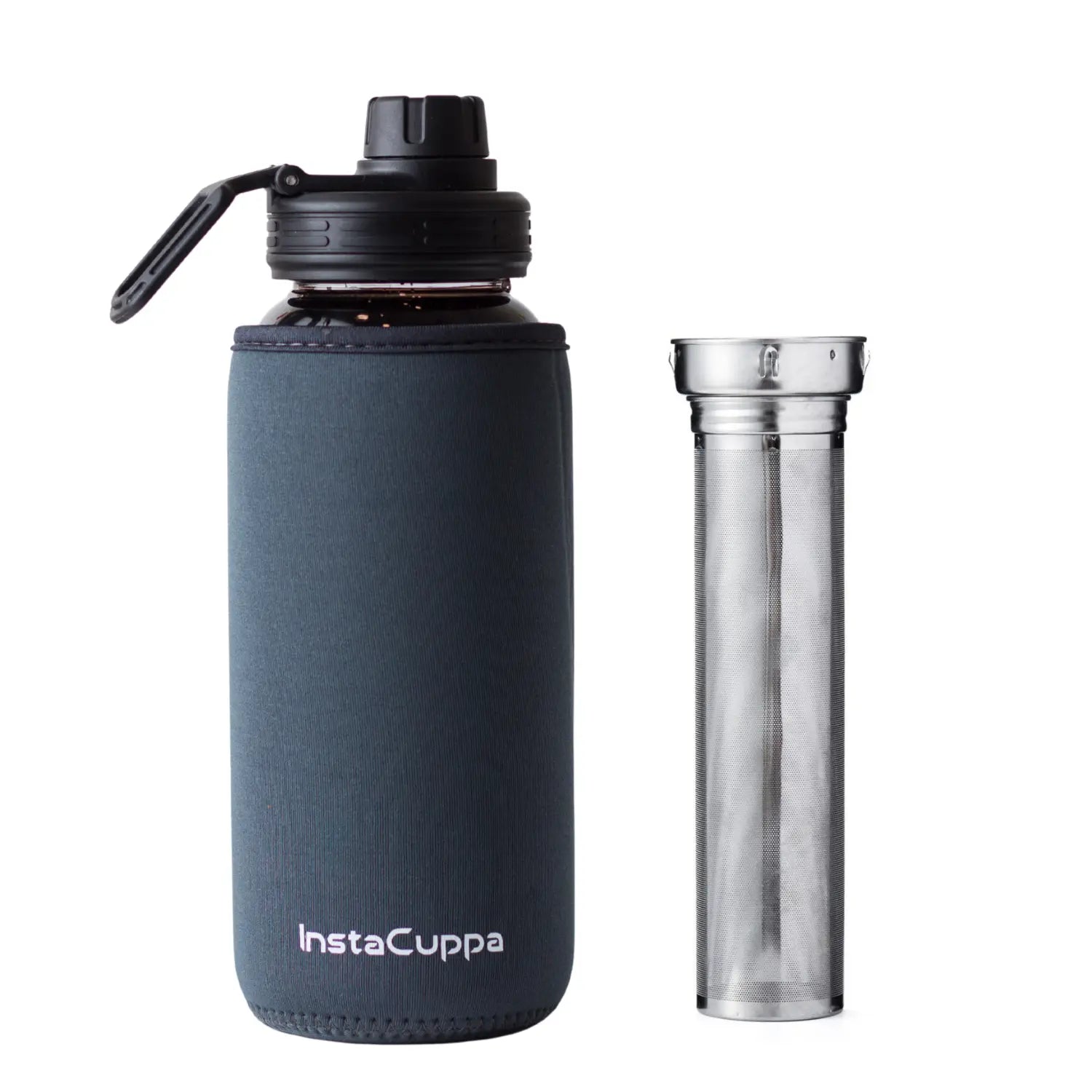 InstaCuppa Borosilicate Glass Water Bottle with Full Length Steel Infuser, Sports Sipper Lid, Time Markings, Neoprene Sleeve  650 ML / Grey