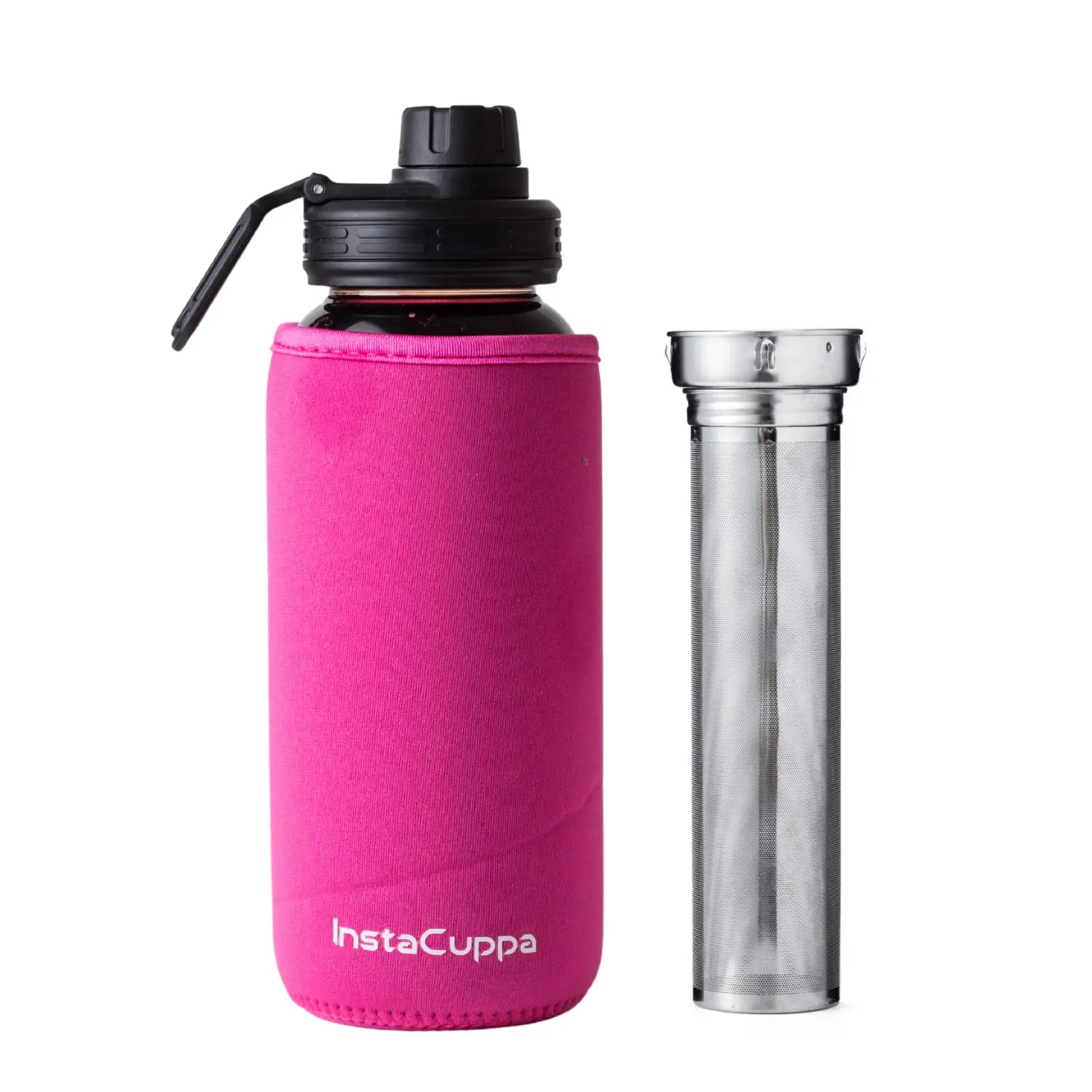 InstaCuppa Borosilicate Glass Water Bottle with Full Length Steel Infuser, Sports Sipper Lid, Time Markings, Neoprene Sleeve  650 ML / Pink