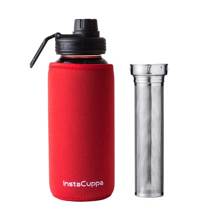 InstaCuppa Borosilicate Glass Water Bottle with Full Length Steel Infuser, Sports Sipper Lid, Time Markings, Neoprene Sleeve  650 ML / Red
