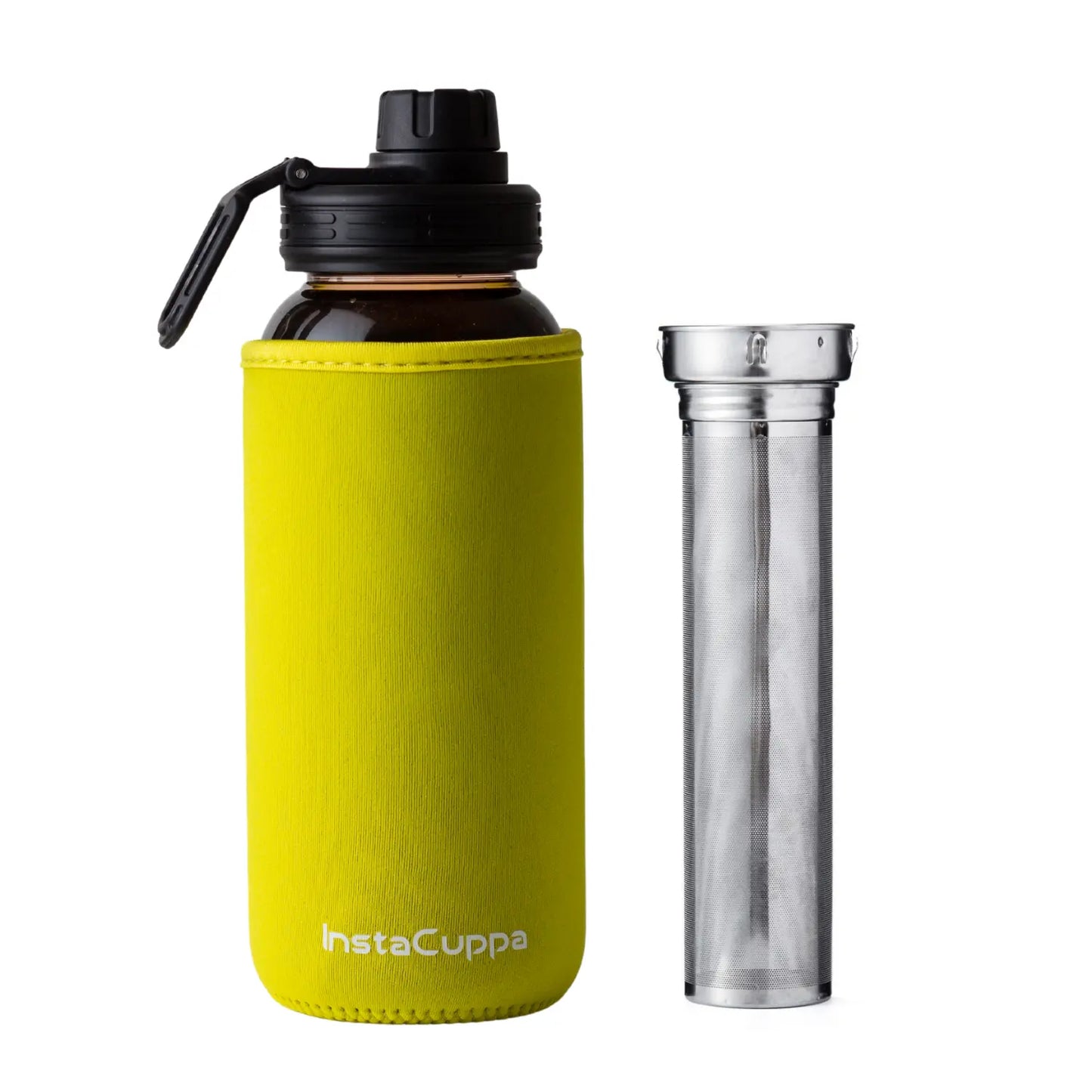 InstaCuppa Borosilicate Glass Water Bottle with Full Length Steel Infuser, Sports Sipper Lid, Time Markings, Neoprene Sleeve  650 ML / Yellow