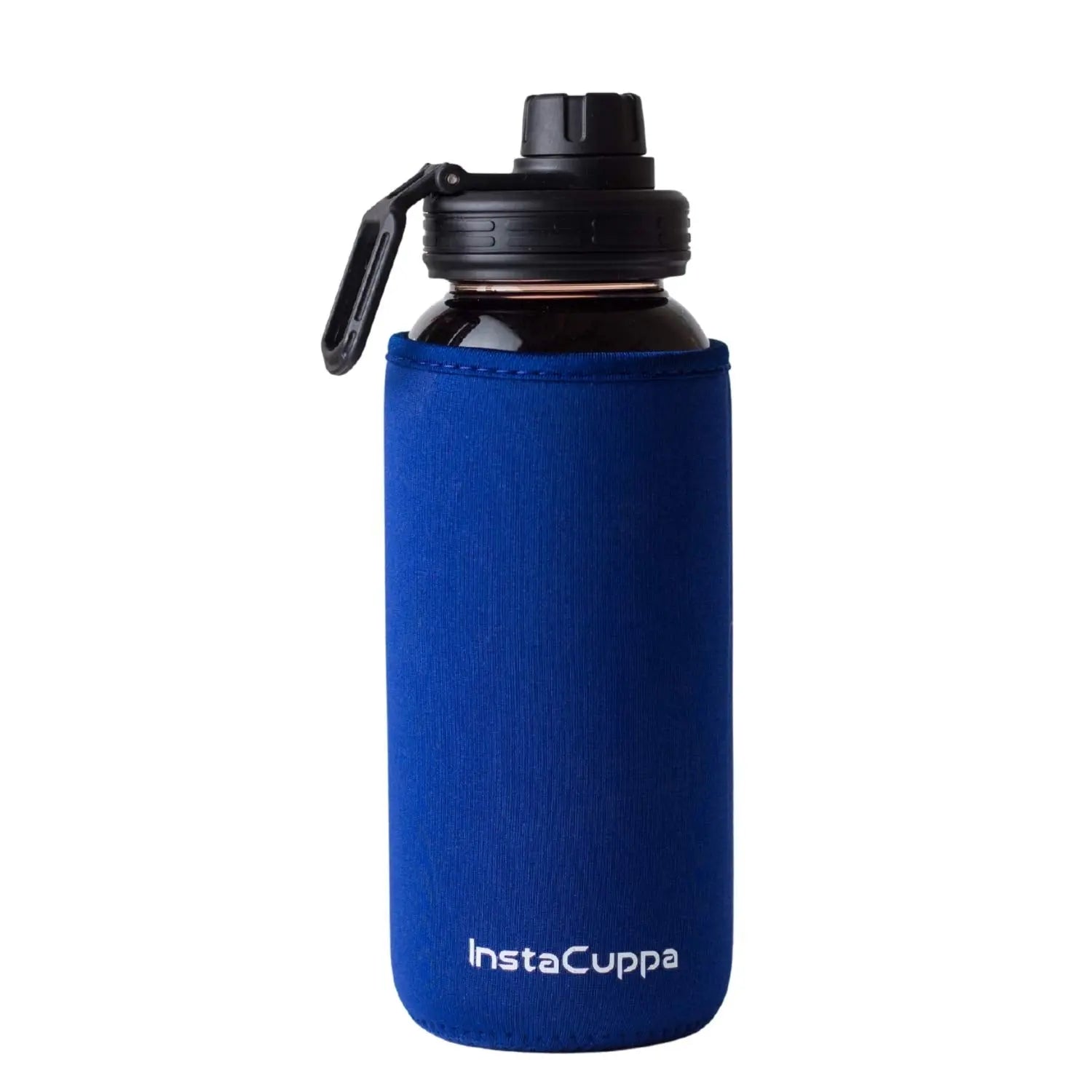 InstaCuppa Borosilicate Glass Water Bottle with Sports Sipper Lid, Innovative Time Markings, Neoprene Sleeve for Protection  Blue / 650 ML