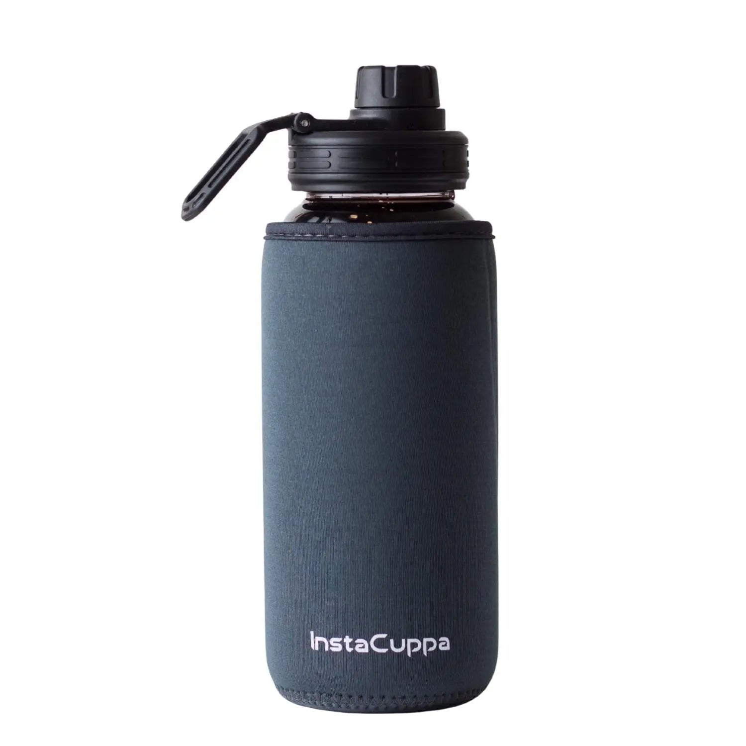 InstaCuppa Borosilicate Glass Water Bottle with Sports Sipper Lid, Innovative Time Markings, Neoprene Sleeve for Protection  Grey / 650 ML