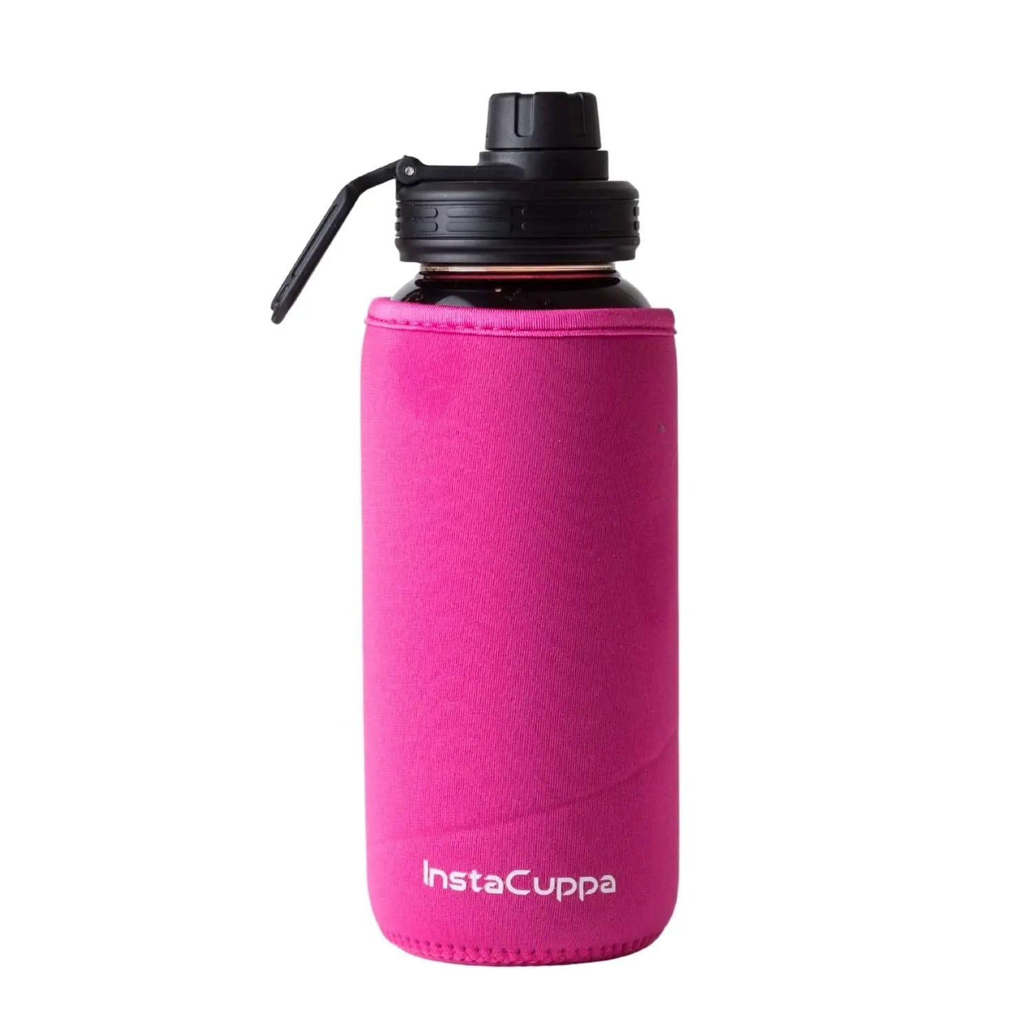 InstaCuppa Borosilicate Glass Water Bottle with Sports Sipper Lid, Innovative Time Markings, Neoprene Sleeve for Protection  Pink / 650 ML