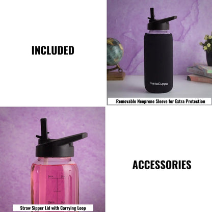 InstaCuppa BPA Free Glass Water Bottle with Wide Mouth Straw Sipper Lid