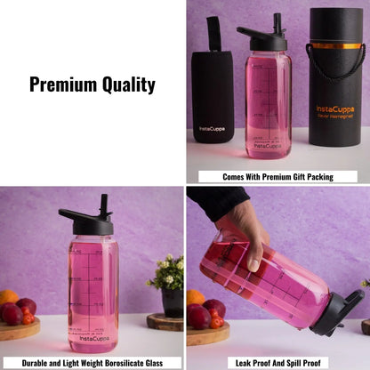 InstaCuppa Borosilicate Glass Water Bottle with Spill Proof Straw Sipper Lid