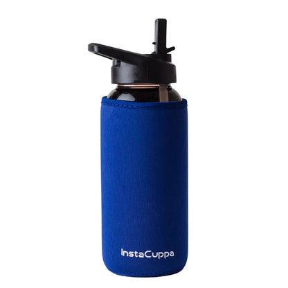 InstaCuppa Borosilicate Glass Water Bottle with Straw Sipper Lid, Innovative Time Markings, Neoprene Sleeve for Protection  650 ML / Blue